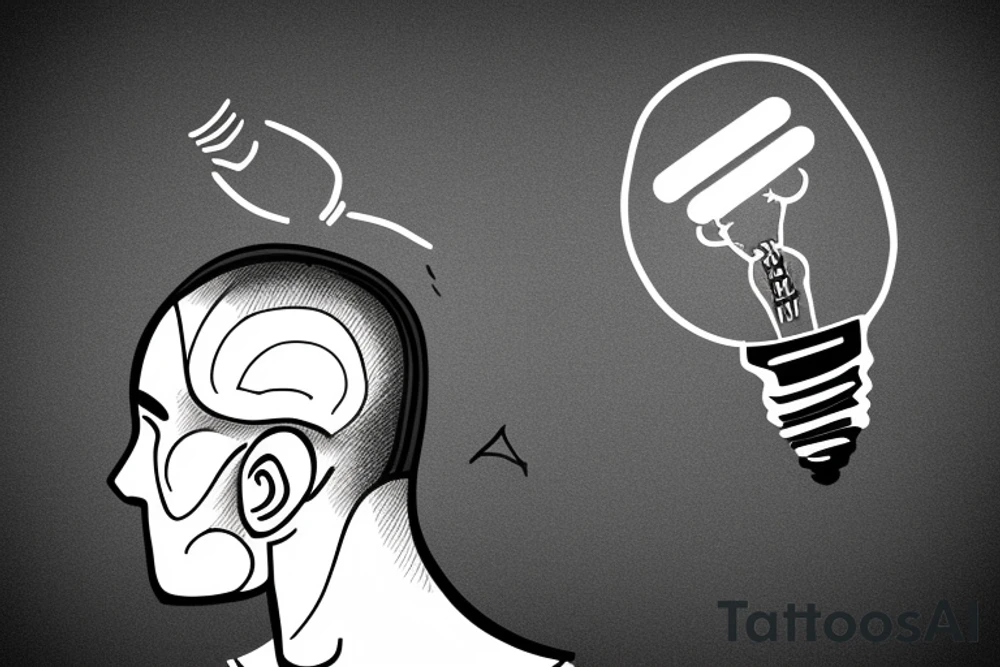 Guy with headache with back of head blown out and a light bulb coming out tattoo idea