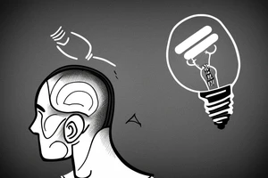Guy with headache with back of head blown out and a light bulb coming out tattoo idea