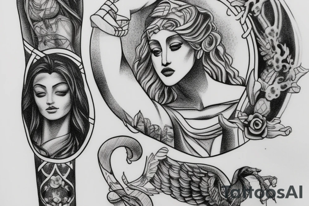 Tattoo on my neck with blackwork style combined with Greek mythology statue style plus some extra route 66 motives. tattoo idea