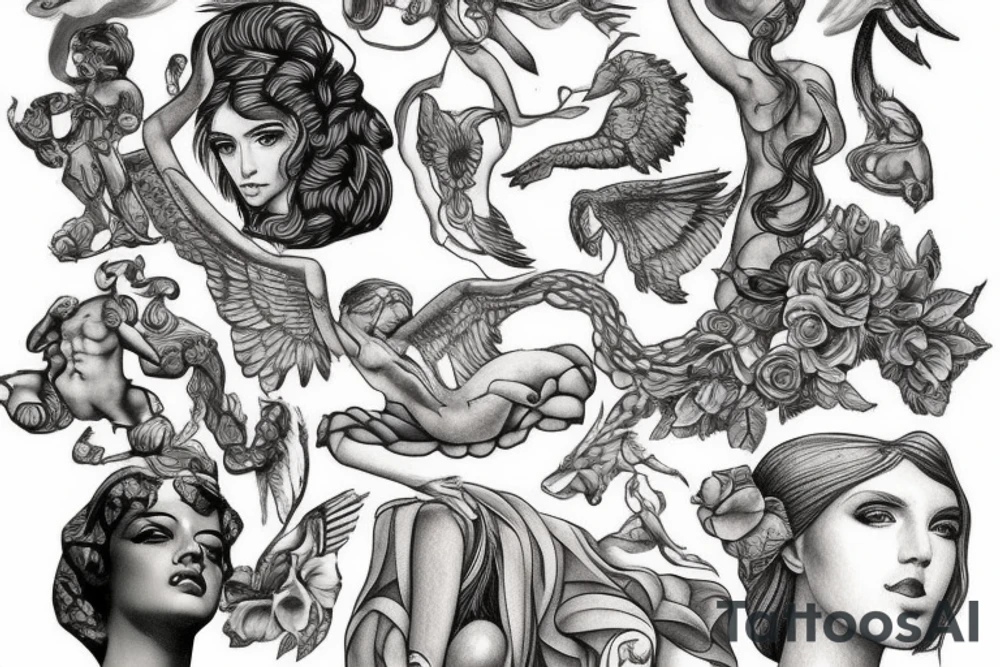Tattoo on my neck with blackwork style combined with Greek mythology statue style plus some extra route 66 motives. tattoo idea
