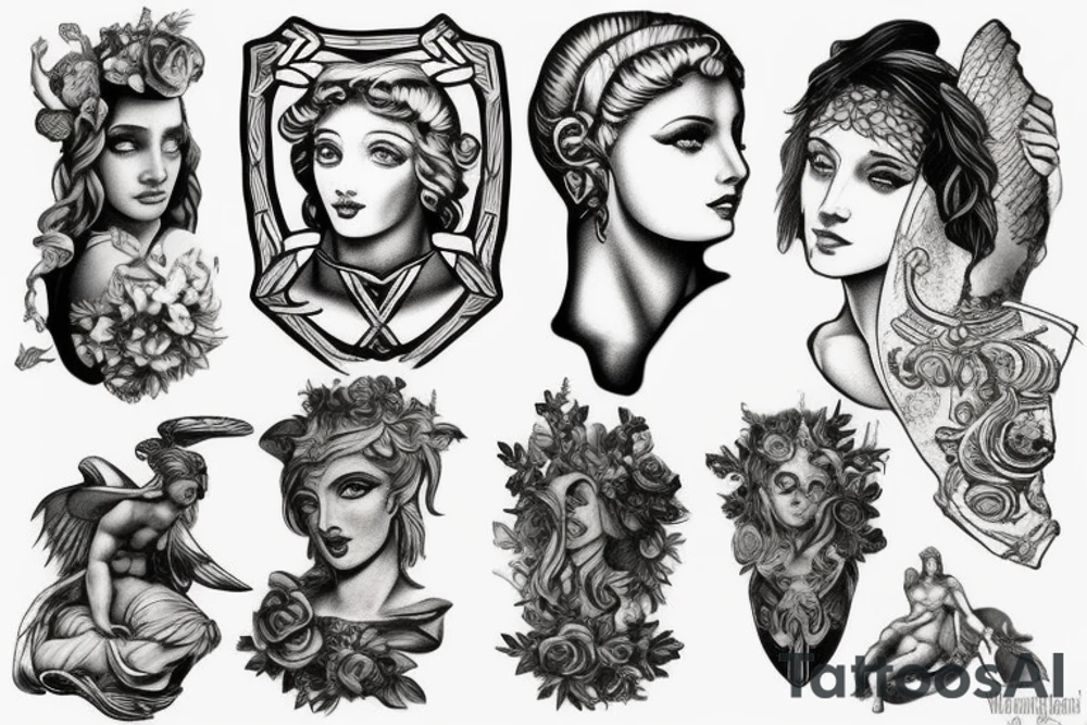 Tattoo on my neck with blackwork style combined with Greek mythology statue style plus some extra route 66 motives. tattoo idea