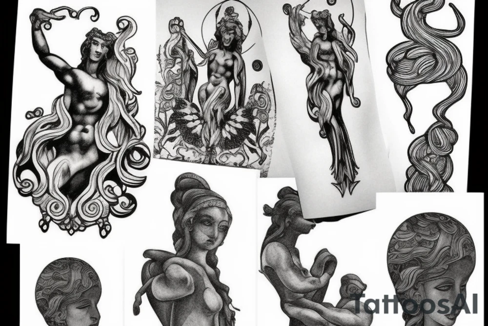 Tattoo on my neck with blackwork style combined with Greek mythology statue style plus some extra route 66 motives. tattoo idea