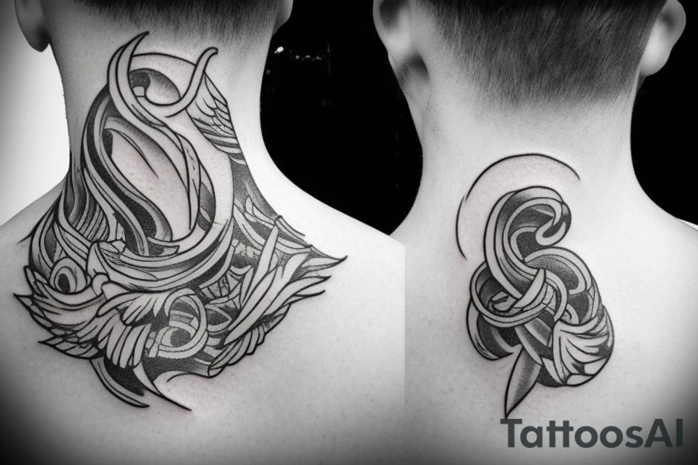 Tattoo on my neck with blackwork style combined with Greek mythology statue style plus some extra route 66 motives. tattoo idea