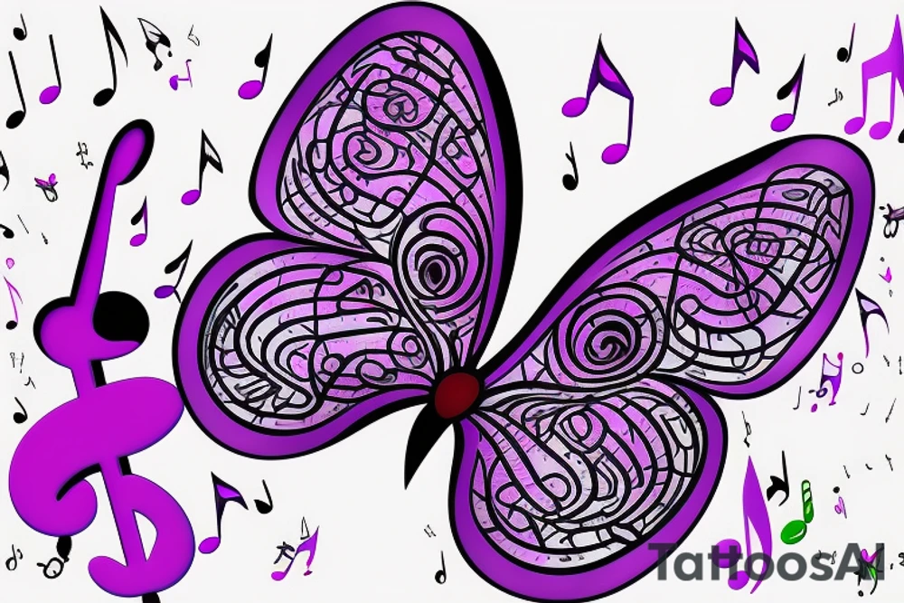 3d purple butterfly with music notes in it tattoo idea