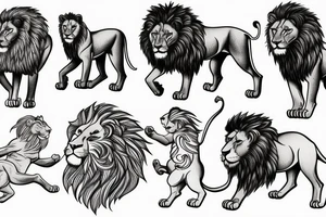A lion in a prance position watching its children play fight, while a pack of heyneas linger in the distance. tattoo idea