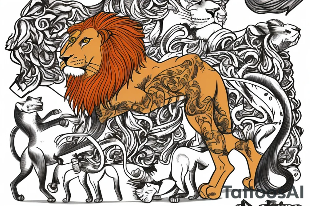 A lion in a prance position watching its children play fight, while a pack of heyneas linger in the distance. tattoo idea