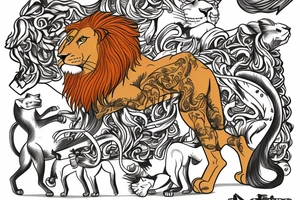 A lion in a prance position watching its children play fight, while a pack of heyneas linger in the distance. tattoo idea
