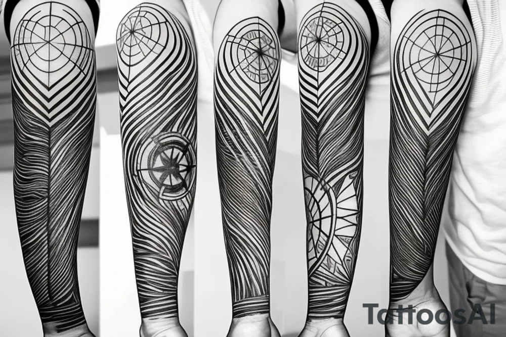 compass made trees, roots, moon phases, mountains, lines and dots tattoo idea