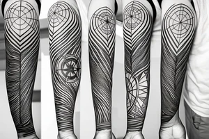 compass made trees, roots, moon phases, mountains, lines and dots tattoo idea