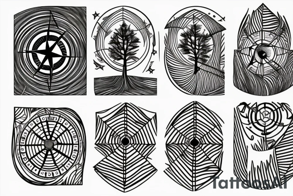 compass made trees, roots, moon phases, mountains, lines and dots tattoo idea compass made trees, roots, moon phases, mountains, lines and dots tattoo idea