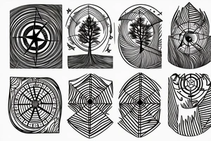 compass made trees, roots, moon phases, mountains, lines and dots tattoo idea
