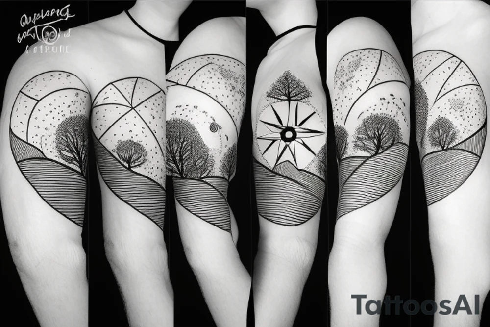 compass made trees, roots, moon phases, mountains, lines and dots tattoo idea compass made trees, roots, moon phases, mountains, lines and dots tattoo idea