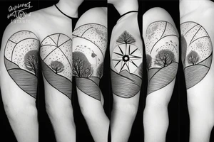compass made trees, roots, moon phases, mountains, lines and dots tattoo idea