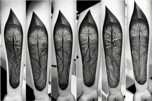 compass made trees, roots, moon phases, mountains, lines and dots tattoo idea