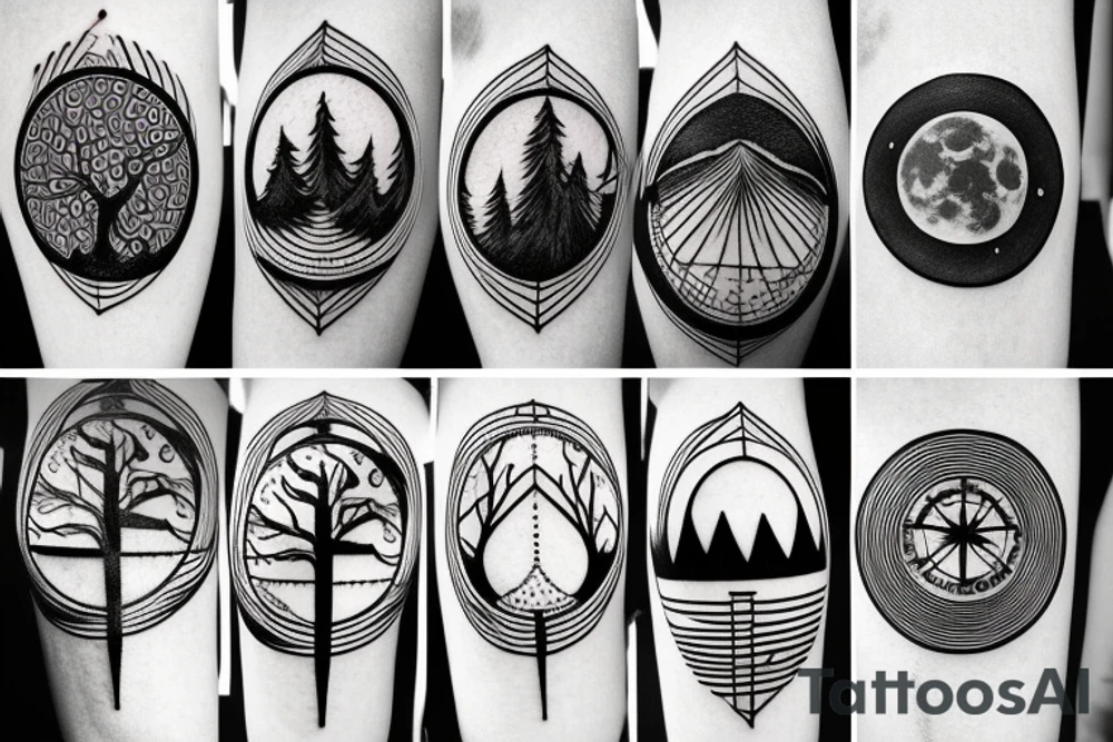 compass made trees, roots, moon phases, mountains, lines and dots tattoo idea compass made trees, roots, moon phases, mountains, lines and dots tattoo idea