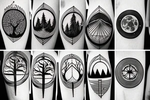compass made trees, roots, moon phases, mountains, lines and dots tattoo idea