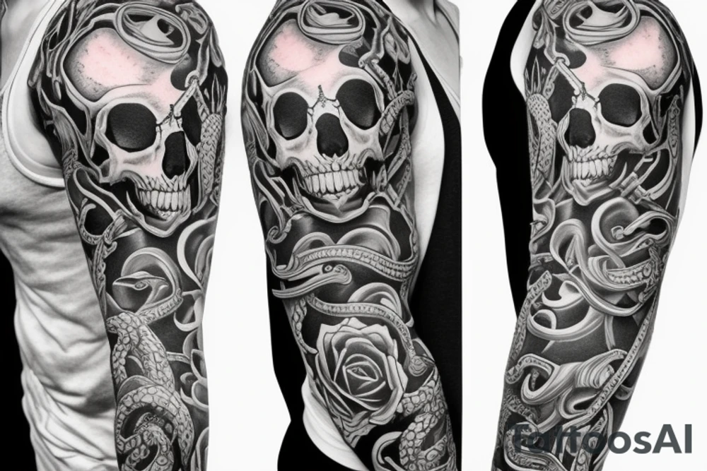 Full sleeve design with skull and demon and snake tattoo idea Full sleeve design with skull and demon and snake tattoo idea