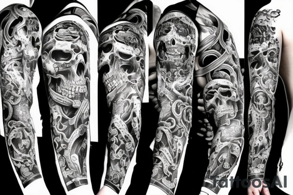 Full sleeve design with skull and demon and snake tattoo idea Full sleeve design with skull and demon and snake tattoo idea