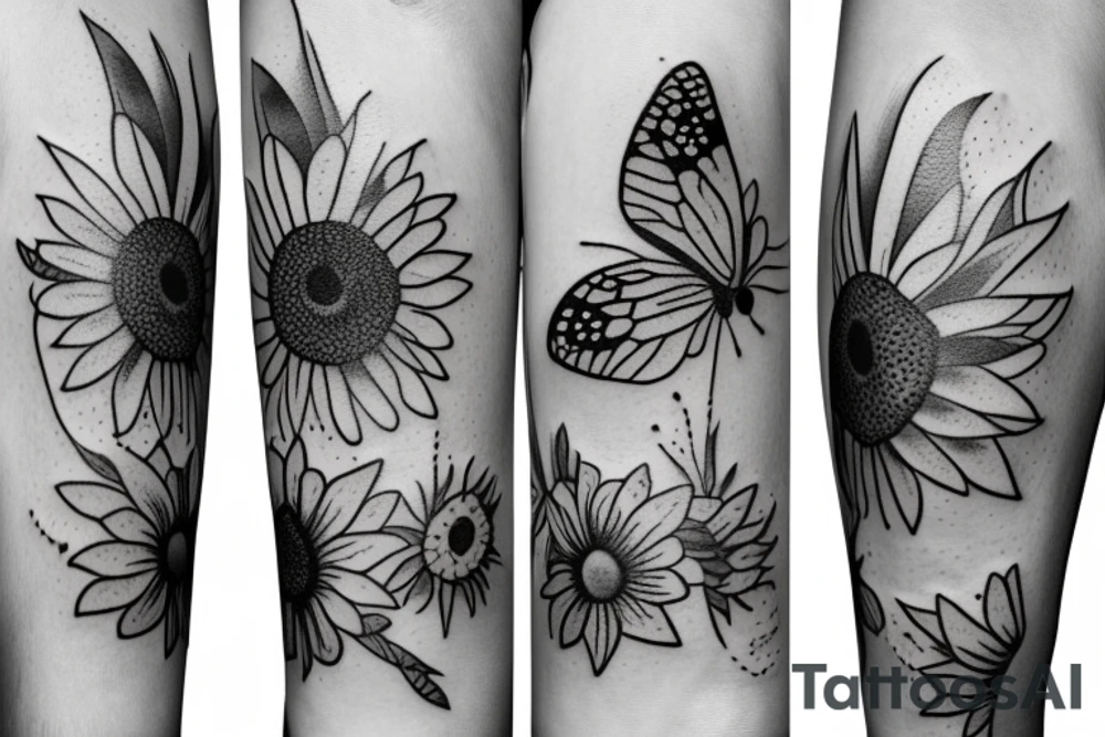 Butterfly, sunflower, hawthorn flower tattoo idea