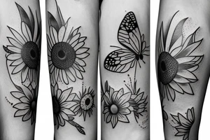Butterfly, sunflower, hawthorn flower tattoo idea