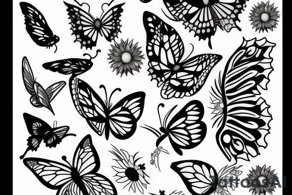 Butterfly, sunflower, hawthorn flower tattoo idea