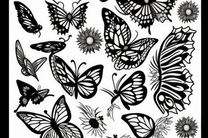 Butterfly, sunflower, hawthorn flower tattoo idea