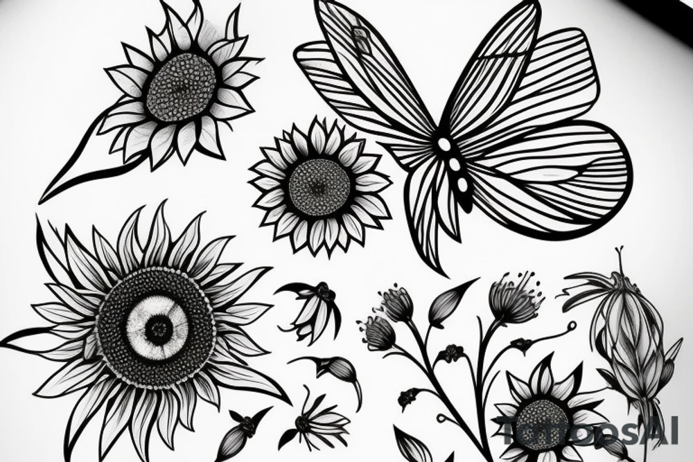 Butterfly, sunflower, hawthorn flower tattoo idea