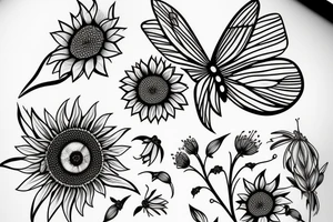 Butterfly, sunflower, hawthorn flower tattoo idea