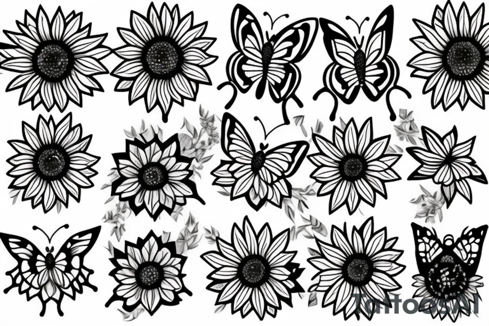Butterfly, sunflower, hawthorn flower tattoo idea