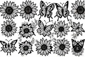 Butterfly, sunflower, hawthorn flower tattoo idea