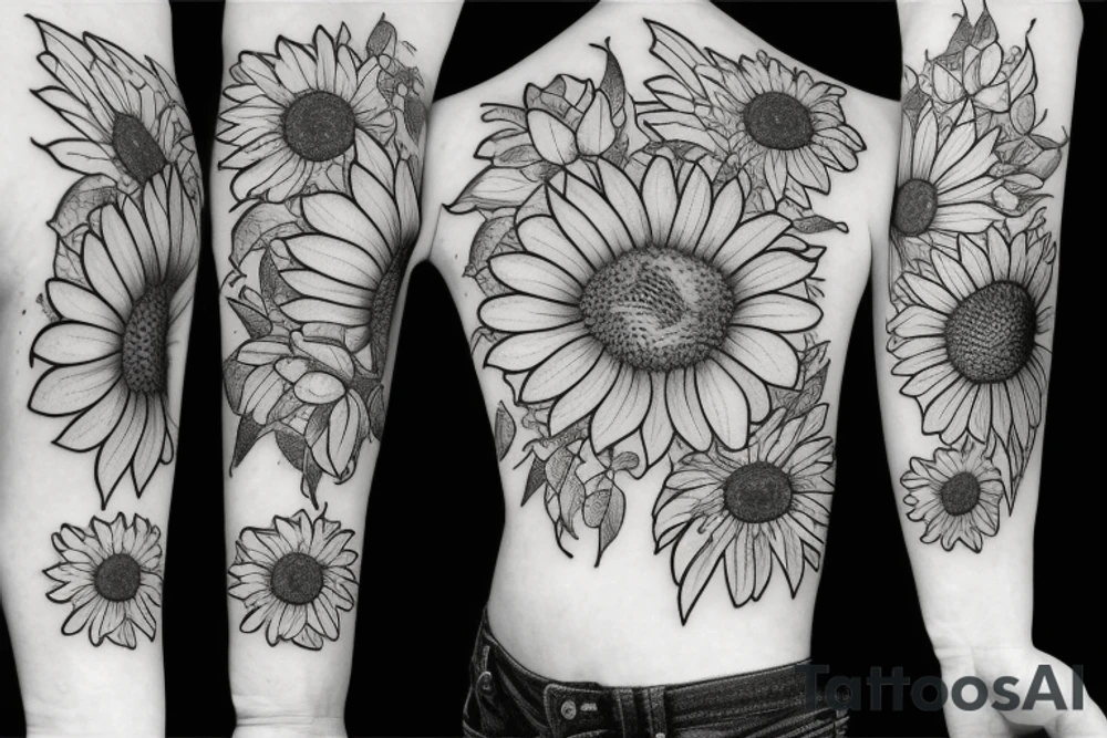 Butterfly, sunflower, hawthorn flower tattoo idea