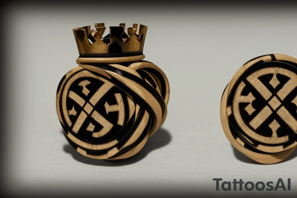 * The Adinkra wisdom knot be the main focal point, the chess king piece should be intricately woven into the knot, with the crown of the king piece slightly visible, the chess piece should be proportionate to the knot and should be placed in a way that it complements the knot's design, the quote "What you think, you become. What you feel, you attract. What you imagine, you create." - Buddha, should be written in a banner or scroll that is wrapped around the knot. The banner should be incorporated into the knot, giving the impression that the words are part of the knot itself, the words could be written in a font that complements the style of the knot and chess piece, it could be a calligraphic font, or something more traditional or elegant, that goes with the knot's pattern, the banner should be written in a way that it follows the contour of the knot, giving the tattoo a sense of harmony and coherence. tattoo idea