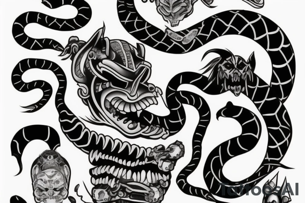 Snake trough oni mask tattoo idea
