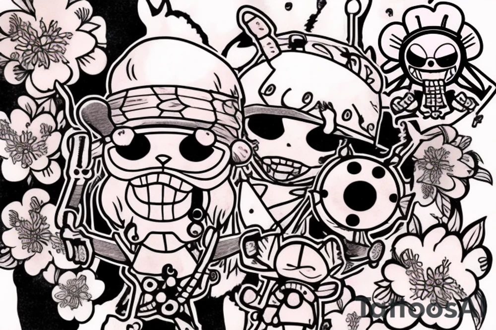 Chopper from anime One Piece in ninja costume with cherry blossoms in background for arm tattoo idea