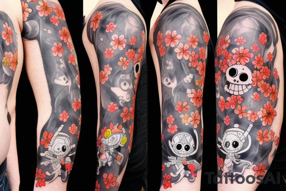 Chopper from anime One Piece in ninja costume with cherry blossoms in background for arm tattoo idea