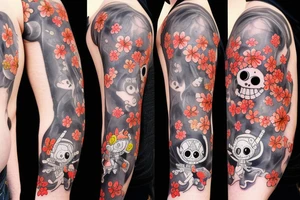 Chopper from anime One Piece in ninja costume with cherry blossoms in background for arm tattoo idea
