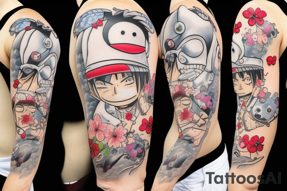 Chopper from anime One Piece in ninja costume with cherry blossoms in background tattoo idea