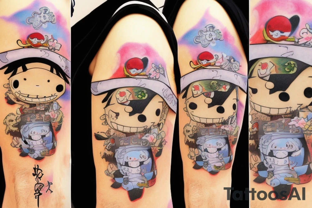 Chopper from anime One Piece in ninja costume with cherry blossoms in background tattoo idea