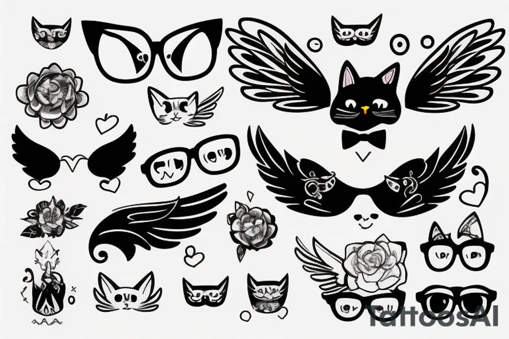 cute cat with wings and glasses tattoo idea