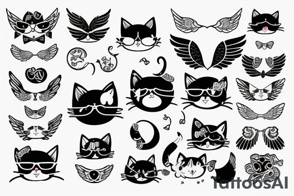 cute cat with wings and glasses tattoo idea
