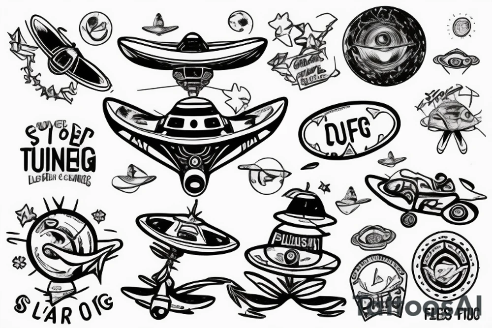 Blue heeler puppy sitting on top of a flying ufo tattoo idea