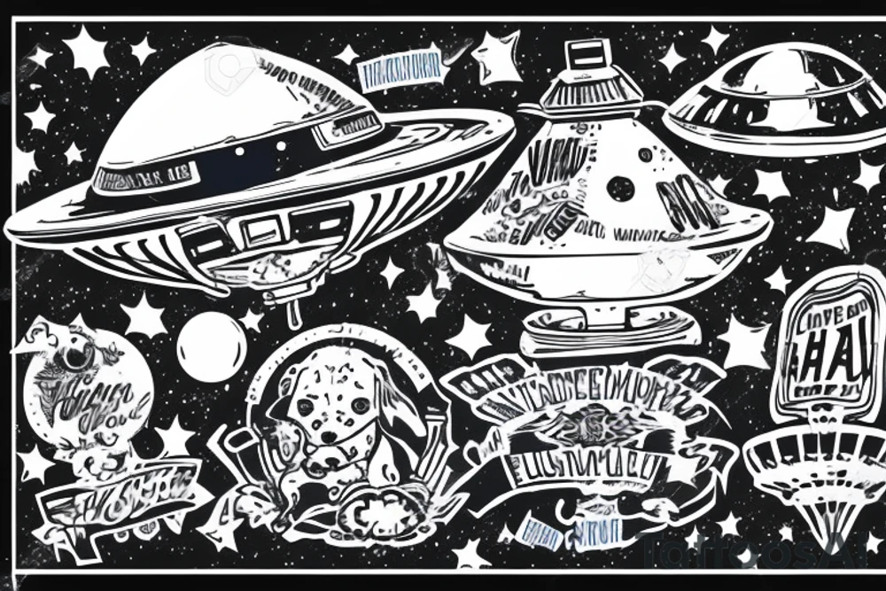 Blue heeler puppy sitting on top of a flying ufo tattoo idea
