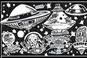 Blue heeler puppy sitting on top of a flying ufo tattoo idea