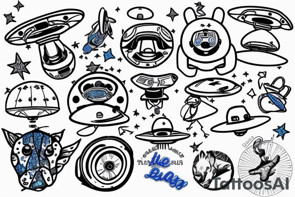 Blue heeler puppy sitting on top of a flying ufo tattoo idea