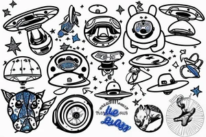 Blue heeler puppy sitting on top of a flying ufo tattoo idea
