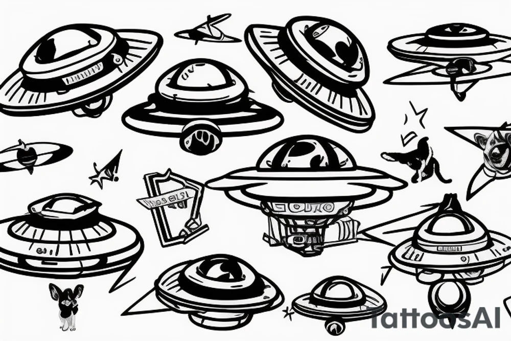 Blue heeler puppy sitting on top of a flying ufo tattoo idea