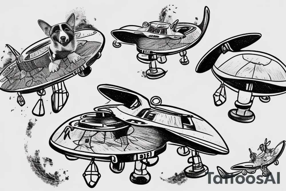 Australian cattle dog sitting on top of a flying ufo tattoo idea