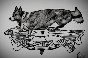 Australian cattle dog sitting on top of a flying ufo tattoo idea