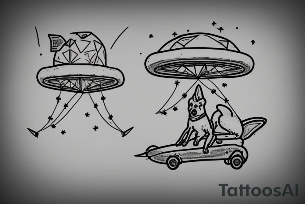 simple Australian cattle dog sitting on top of a flying ufo tattoo idea