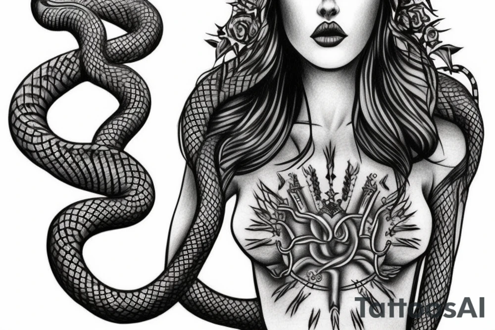 realistic woman with a crown of snakes tattoo idea